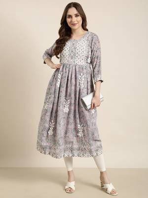women's calf length round neck lavender floral anarkali kurta 5