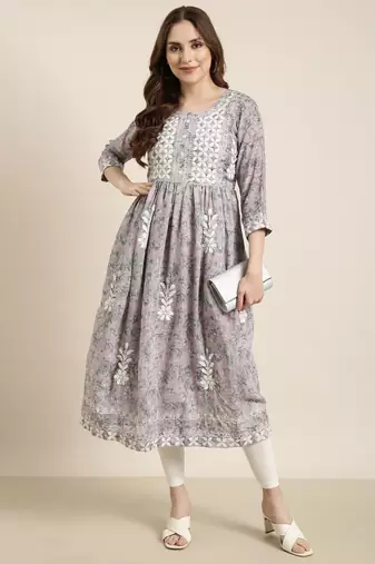 women's calf length round neck lavender floral anarkali kurta