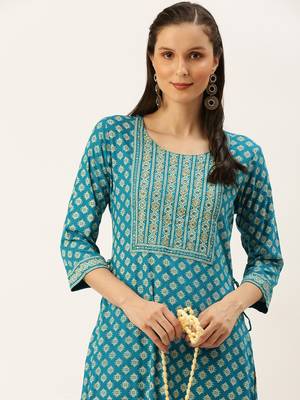 women's calf length round neck blue ethnic motifs straight kurta 1