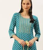 women's calf length round neck blue ethnic motifs straight kurta