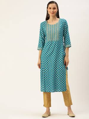 women's calf length round neck blue ethnic motifs straight kurta 2