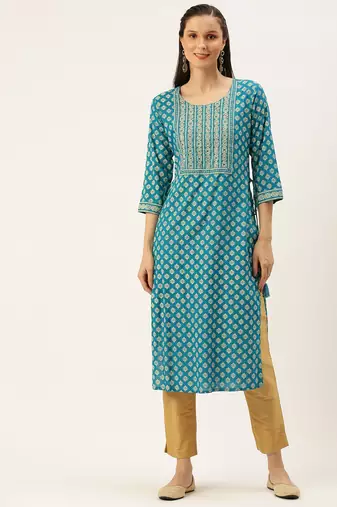 women's calf length round neck blue ethnic motifs straight kurta