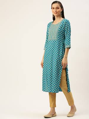 women's calf length round neck blue ethnic motifs straight kurta 3