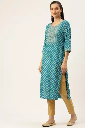 women's calf length round neck blue ethnic motifs straight kurta