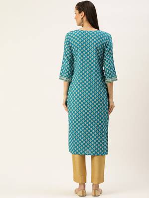women's calf length round neck blue ethnic motifs straight kurta 4