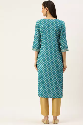 women's calf length round neck blue ethnic motifs straight kurta