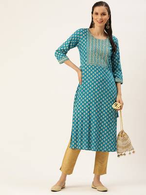 women's calf length round neck blue ethnic motifs straight kurta 5