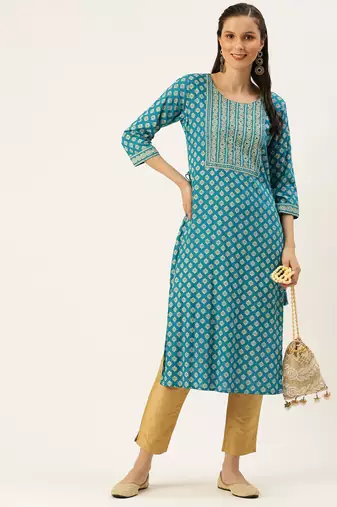 women's calf length round neck blue ethnic motifs straight kurta