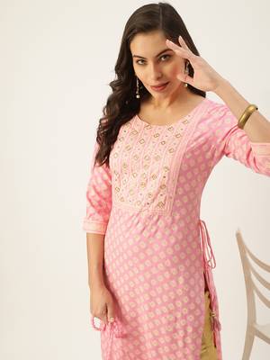 women's calf length round neck pink ethnic motifs straight kurta 2