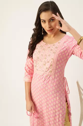 women's calf length round neck pink ethnic motifs straight kurta