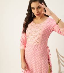 women's calf length round neck pink ethnic motifs straight kurta
