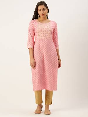 women's calf length round neck pink ethnic motifs straight kurta 3