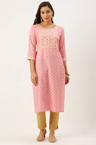 women's calf length round neck pink ethnic motifs straight kurta