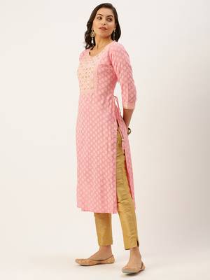 women's calf length round neck pink ethnic motifs straight kurta 4