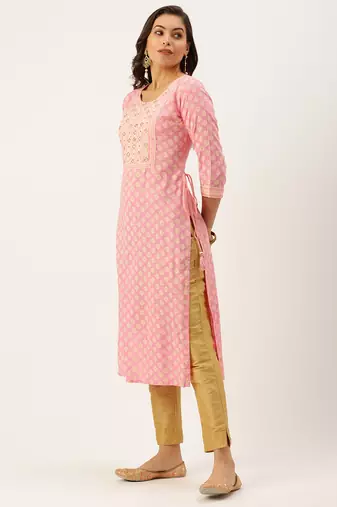 women's calf length round neck pink ethnic motifs straight kurta