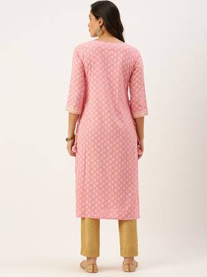 women's calf length round neck pink ethnic motifs straight kurta 5