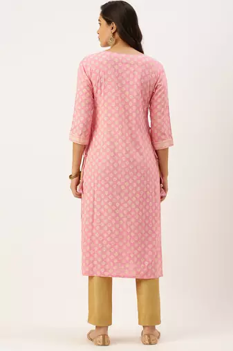 women's calf length round neck pink ethnic motifs straight kurta