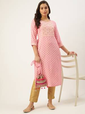 women's calf length round neck pink ethnic motifs straight kurta 1