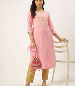 women's calf length round neck pink ethnic motifs straight kurta