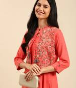 Showoff women's ankle length round neck coral embellished anarkali kurta