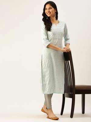 women's calf length round neck blue woven design straight kurta 1