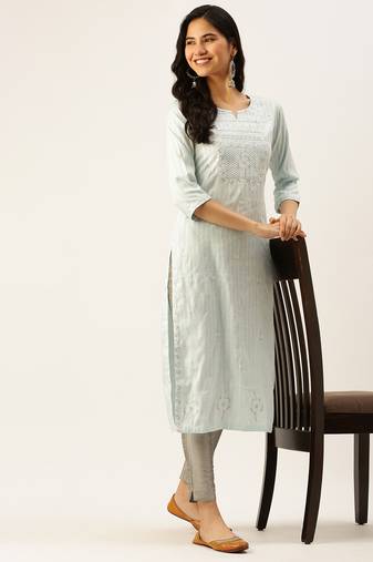 women's calf length round neck blue woven design straight kurta