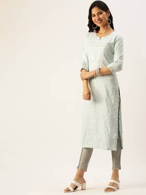 women's calf length round neck blue woven design straight kurta 2