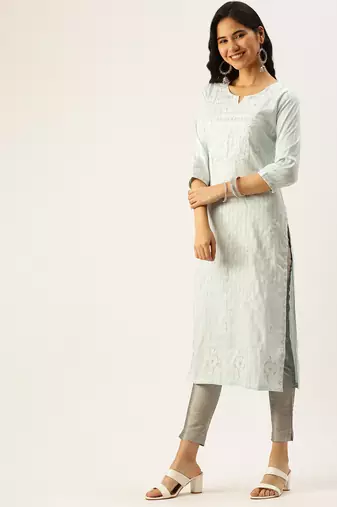 women's calf length round neck blue woven design straight kurta
