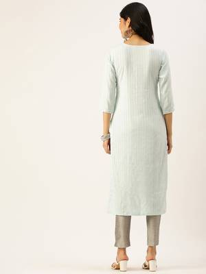 women's calf length round neck blue woven design straight kurta 3