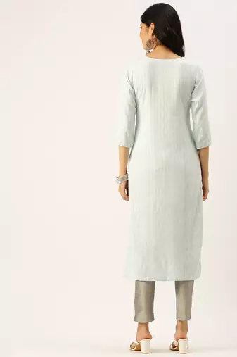 women's calf length round neck blue woven design straight kurta