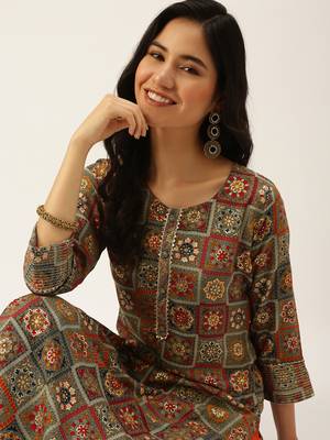 women's calf length round neck multi ethnic motifs straight kurta 1