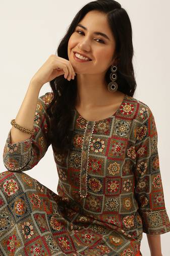 women's calf length round neck multi ethnic motifs straight kurta