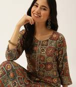 women's calf length round neck multi ethnic motifs straight kurta