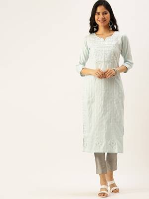 women's calf length round neck blue woven design straight kurta 4