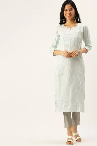 women's calf length round neck blue woven design straight kurta