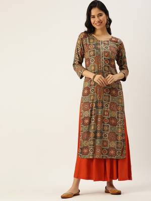 women's calf length round neck multi ethnic motifs straight kurta 2