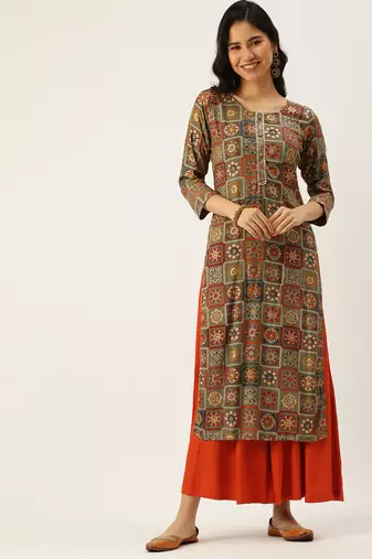women's calf length round neck multi ethnic motifs straight kurta