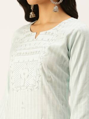 women's calf length round neck blue woven design straight kurta 5