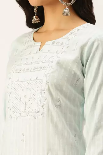 women's calf length round neck blue woven design straight kurta