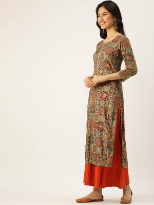 women's calf length round neck multi ethnic motifs straight kurta 3