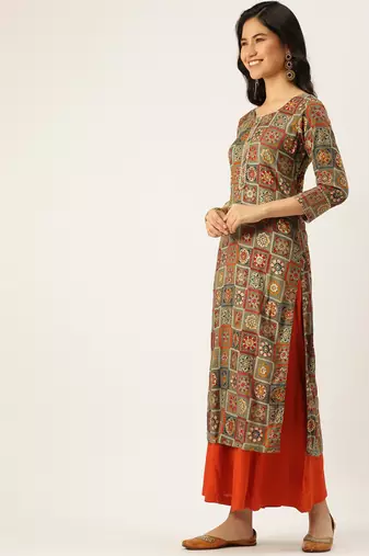 women's calf length round neck multi ethnic motifs straight kurta