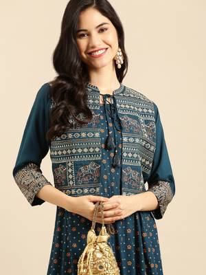 Showoff women's ankle length round neck teal ethnic motifs anarkali kurta 1