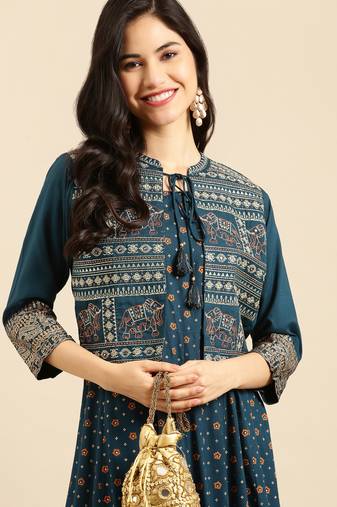Showoff women's ankle length round neck teal ethnic motifs anarkali kurta