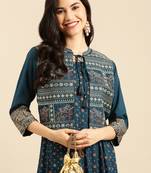Showoff women's ankle length round neck teal ethnic motifs anarkali kurta