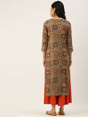 women's calf length round neck multi ethnic motifs straight kurta 4