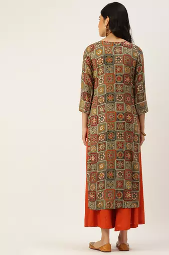 women's calf length round neck multi ethnic motifs straight kurta