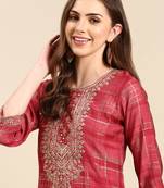 women's knee length round neck coral embellished straight kurta