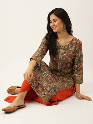 women's calf length round neck multi ethnic motifs straight kurta 5
