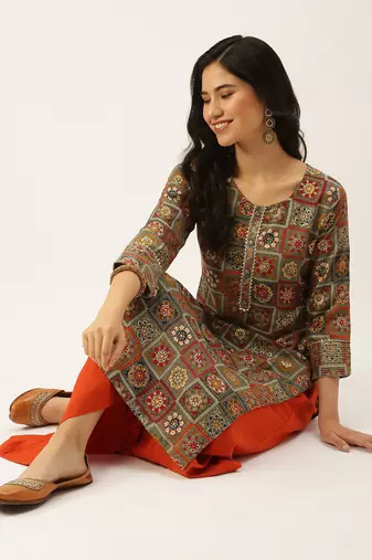 women's calf length round neck multi ethnic motifs straight kurta