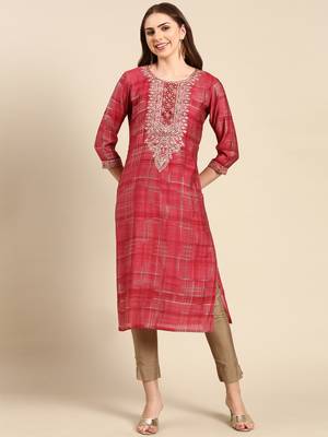 women's knee length round neck coral embellished straight kurta 2
